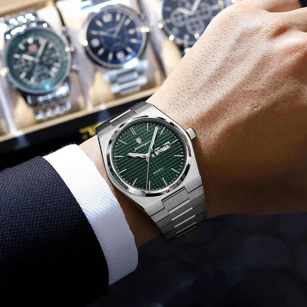 POEDAGAR Luxury Original Man Watch Waterproof Stainless Steel Luminous Men's Wristwatch Date Week Quartz Fashion Watches For Men