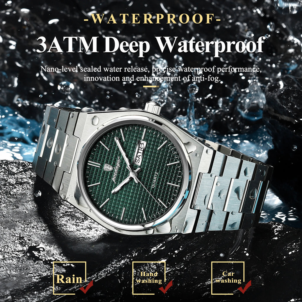 POEDAGAR Luxury Original Man Watch Waterproof Stainless Steel Luminous Men's Wristwatch Date Week Quartz Fashion Watches For Men