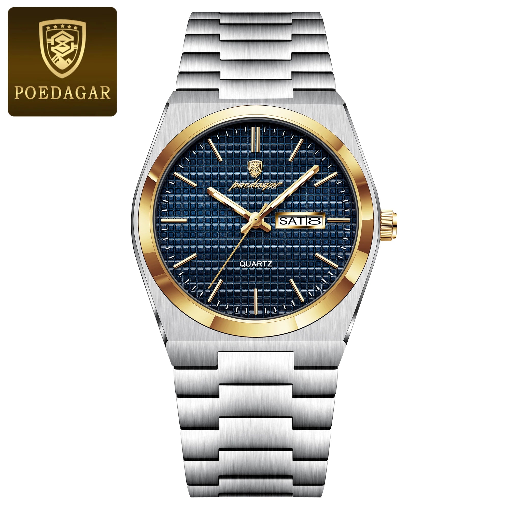POEDAGAR Luxury Original Man Watch Waterproof Stainless Steel Luminous Men's Wristwatch Date Week Quartz Fashion Watches For Men