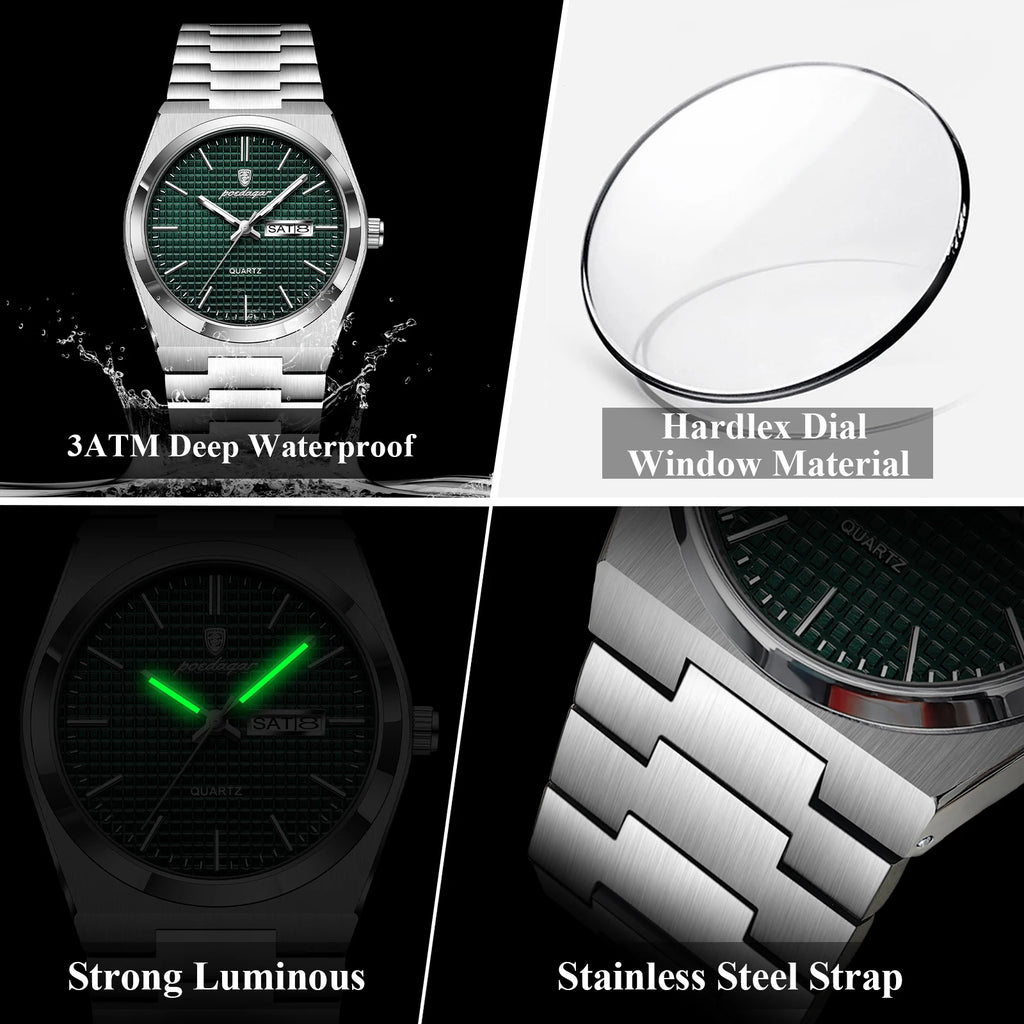 POEDAGAR Luxury Original Man Watch Waterproof Stainless Steel Luminous Men's Wristwatch Date Week Quartz Fashion Watches For Men