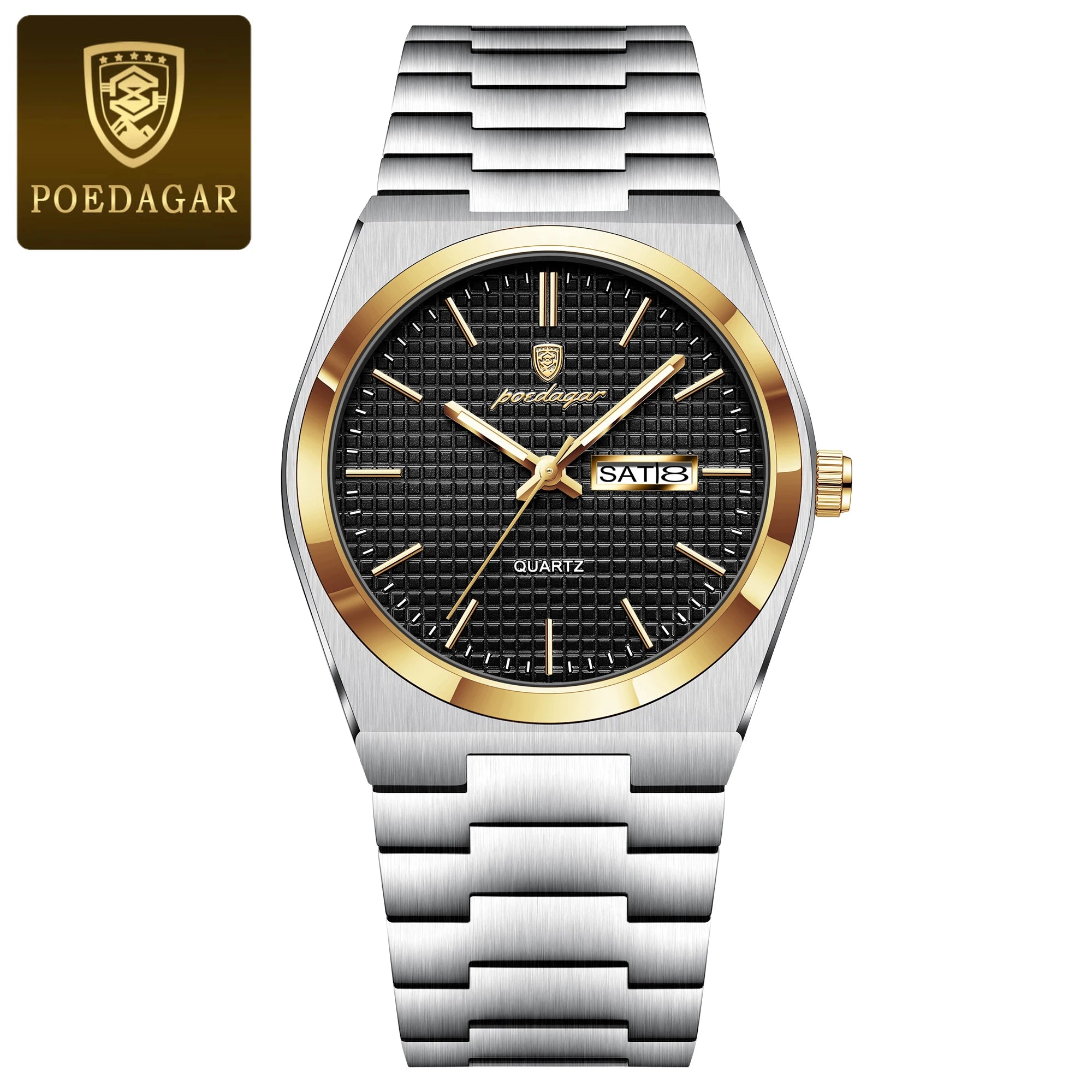 POEDAGAR Luxury Original Man Watch Waterproof Stainless Steel Luminous Men's Wristwatch Date Week Quartz Fashion Watches For Men
