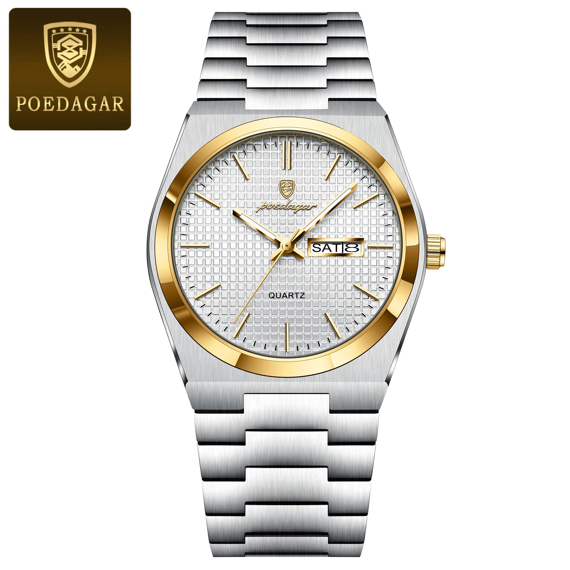 POEDAGAR Luxury Original Man Watch Waterproof Stainless Steel Luminous Men's Wristwatch Date Week Quartz Fashion Watches For Men